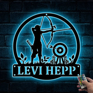 Personalized Archery Metal Wall Art With Led Lights, Custom Archer Name Led Metall Sign, Archery Sport Metal Led Wall Decor