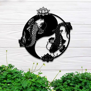 Yin Yang Koi Fishs Metal Wall Art With Led Lights, Lotus Koi Fish Led Metal Sign, Metal Yin Yang Koi Fish Home Kitchen Led Sign