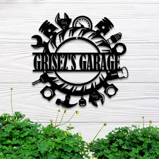 Custom Tools Repair Metal Wall Art Led Light, Personalized Garage Mechanic Tools Metal Name Sign, Man Cave Cabinet Garage Metal Wall Decor