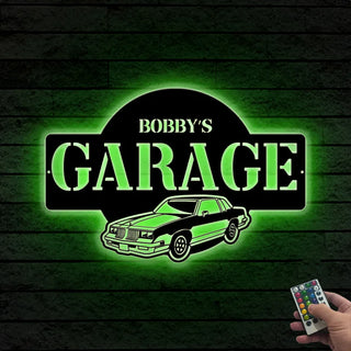 Personalized Name Garage Metal Sign With Led Lights, Custom Mancave Garage Metal Wall Art, Custom Garage Metal Name Sign