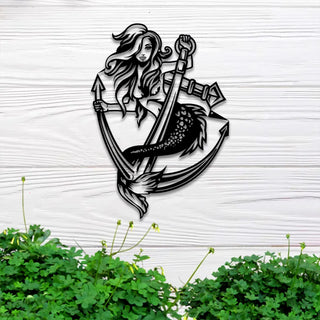 Mermaid And Boat Anchor Metal Wall Art Led Light, Marine Anchor Mermaid Led Metal Sign, Fairy Ocean Mermaid Kid Nursery Metal Wall Sign