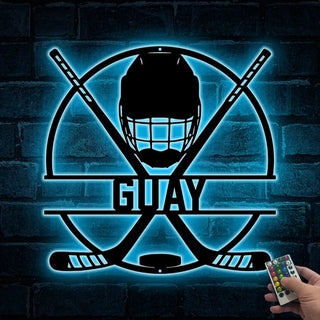 Custom Ice Hockey Metal Wall Art Led Light, Personalized Hockey Player Metal Name Sign, Hockey Sticks And Helmet Led Metal Sign