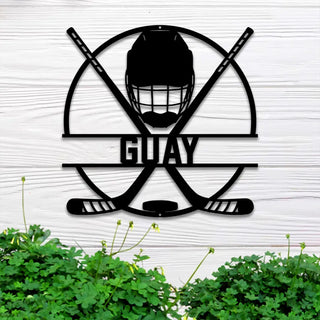 Custom Ice Hockey Metal Wall Art Led Light, Personalized Hockey Player Metal Name Sign, Hockey Sticks And Helmet Led Metal Sign