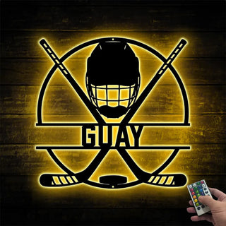 Custom Ice Hockey Metal Wall Art Led Light, Personalized Hockey Player Metal Name Sign, Hockey Sticks And Helmet Led Metal Sign