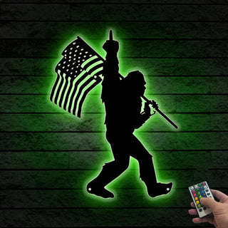 Bigfoot Middle Finger Us Flag Metal Wall Art With Led Lights, Us Flag Sasquatch Led Metal Sign, Walking Bigfoot Metal Lodge Cabin Decor