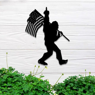 Bigfoot Middle Finger Us Flag Metal Wall Art With Led Lights, Us Flag Sasquatch Led Metal Sign, Walking Bigfoot Metal Lodge Cabin Decor