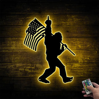 Bigfoot Middle Finger Us Flag Metal Wall Art With Led Lights, Us Flag Sasquatch Led Metal Sign, Walking Bigfoot Metal Lodge Cabin Decor