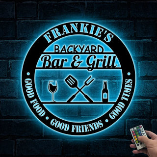 Personalized Bar & Grill Metal Wall Art With Led Lights, Backyard Bar And Grill Metal Sign, Custoom Metal Backyard Patio Name Sign