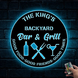 Personalized Bar & Grill Metal Wall Art Led Lights, Backyard Bar And Grill Metal Sign, Custoom Metal Backyard Patio Name Sign