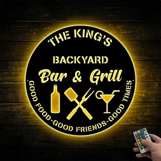 Personalized Bar & Grill Metal Wall Art Led Lights, Backyard Bar And Grill Metal Sign, Custoom Metal Backyard Patio Name Sign