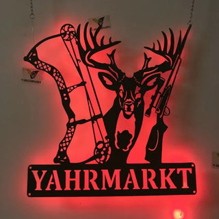 Custom Deer Bow Hunting Metal Wall Art With Led Lights, Personalized Deer Hunter Name Metal Sign, Deer Hunting Metal Decor, Deer Hunting Metal Sign