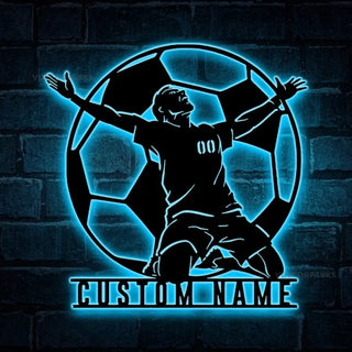 Personalized Man Soccer Metal Wall Art Led Lights, Custom Soccer Ball Metal Sign, Custom Soccer Player Name Metal Sign