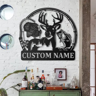 Custom Deer Turkey And Bass Fishing Metal Wall Art Led Light Personalized Hunter Name Sign Home Decor Cabin Decoration Housewarming Xmas