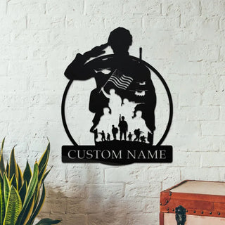 Custom Us Soldier Military Metal Wall Art Led Light, Personalized American Army Name Sign, Metal Veteran Sign, Soldier Led Light Decor, Gift For Dad