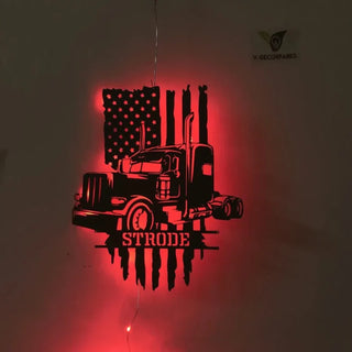 Personalized Us Flag Semi Truck Metal Wall Art Led Lights, Metal Truck Metal Sign, Semi-trailer Metal Wall Decor, Custom Truck Driver Name Sign