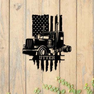 Personalized Us Flag Semi Truck Metal Wall Art Led Lights, Metal Truck Metal Sign, Semi-trailer Metal Wall Decor, Custom Truck Driver Name Sign