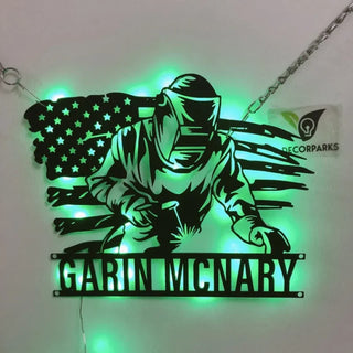 Custom Us Flag Ironworker Welding Metal Sign With Led Lights, Custom Welder Metal Name Sign, Ironworker Metal Wall Art, Welding Metal Wall Decor