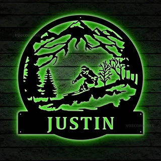 Custom Skiing Monogram Metal Sign With Led Lights, Mountain And Trees Metal Wall Art, Skiing Sign, Personalized Family Name Metal Sign