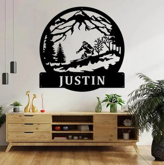 Custom Skiing Monogram Metal Sign With Led Lights, Mountain And Trees Metal Wall Art, Skiing Sign, Personalized Family Name Metal Sign