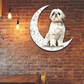 Dog Metal Sign White Shih Tzu Sit On The Moon Gift for Dog Lover Decorations