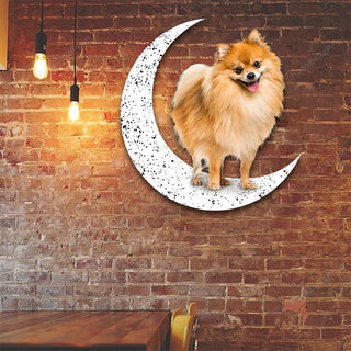 Dog Metal Sign Yellow Pomeranian 2 Sit On The Moon Gift for Dog Lover Decorations