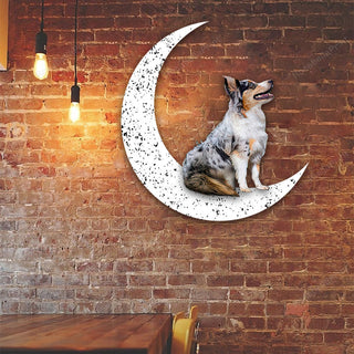 Dog Metal Sign Australian Shepherd Sit On The Moon Gift for Dog Lover Decorations