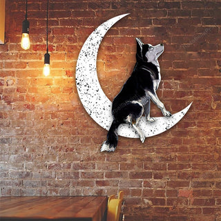 Dog Metal Sign Black Siberian Husky Sit On The Moon Gift for Dog Lover Decorations