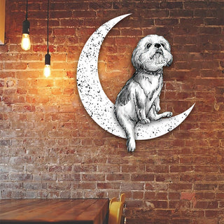 Dog Metal Sign Grey Shih Tzu Sit On The Moon Gift for Dog Lover Decorations