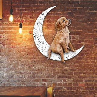 Dog Metal Sign Little Golden Retriever Sit On The Moon Gift for Dog Lover Decorations