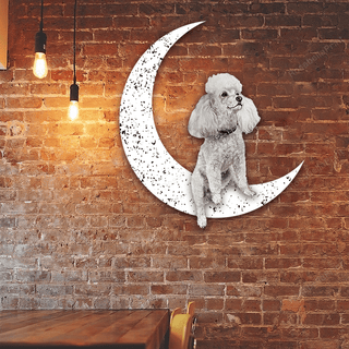 Dog Metal Sign White Poodle 2 Sit On The Moon Gift for Dog Lover Decorations