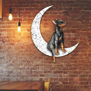 Dog Metal Sign Doberman Pinscher Sit On The Moon Gift for Dog Lover Decorations