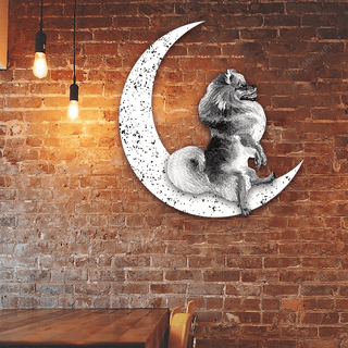 Dog Metal Sign Grey Pomeranian Sit On The Moon Gift for Dog Lover Decorations