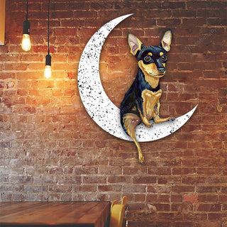 Dog Metal Sign Miniature Pinscher Sit On The Moon Gift for Dog Lover Decorations