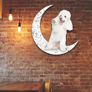 Dog Metal Sign White Poodle Sit On The Moon Gift for Dog Lover Decorations