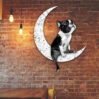 Dog Metal Sign Boston Terrier Sit On The Moon Dog Wall Sign Gift for Dog Lover Decorations