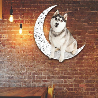 Dog Metal Sign Cute Siberian Husky Sit On The Moon Gift for Dog Lover Decorations