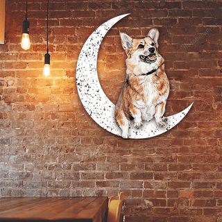 Dog Metal Sign Corgi Sit On The Moon Gift for Dog Lover Decorations