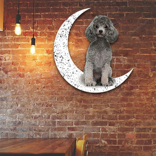 Dog Metal Sign Grey Poodle Sit On The Moon Gift for Dog Lover Decorations