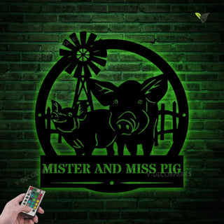 Personalized Pig Monogram Metal Pig Farm Sign With Led Lights, Pig Farm Metal Sign