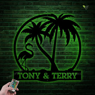 Flamingo And Palm Trees Family Custom Metal Wall Art With Led Lights - Metal Wall Art - Personalized Family Name Metal Wall Art With Led Lights