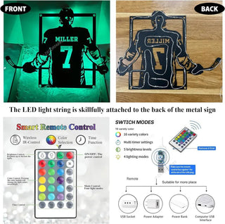 Custom Ice Hockey Metal Wall Art Led Light, Personalized Hockey Player Metal Name Sign, Hockey Sticks And Helmet Led Metal Sign