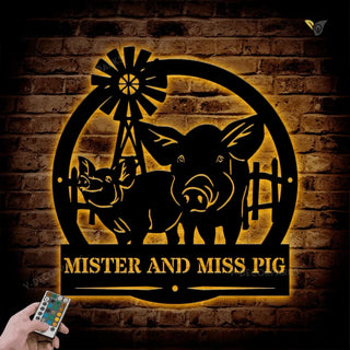 Personalized Pig Monogram Metal Pig Farm Sign With Led Lights, Pig Farm Metal Sign