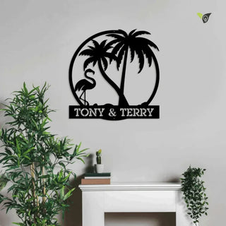 Flamingo And Palm Trees Family Custom Metal Wall Art With Led Lights - Metal Wall Art - Personalized Family Name Metal Wall Art With Led Lights